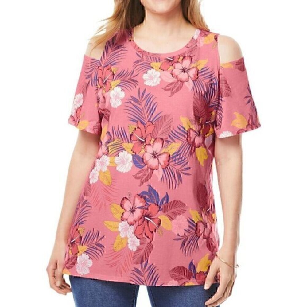 WOMAN WITHIN Plus Size Short Sleeve Cold Shoulder Tee Pink Hawaiian Floral 18 20